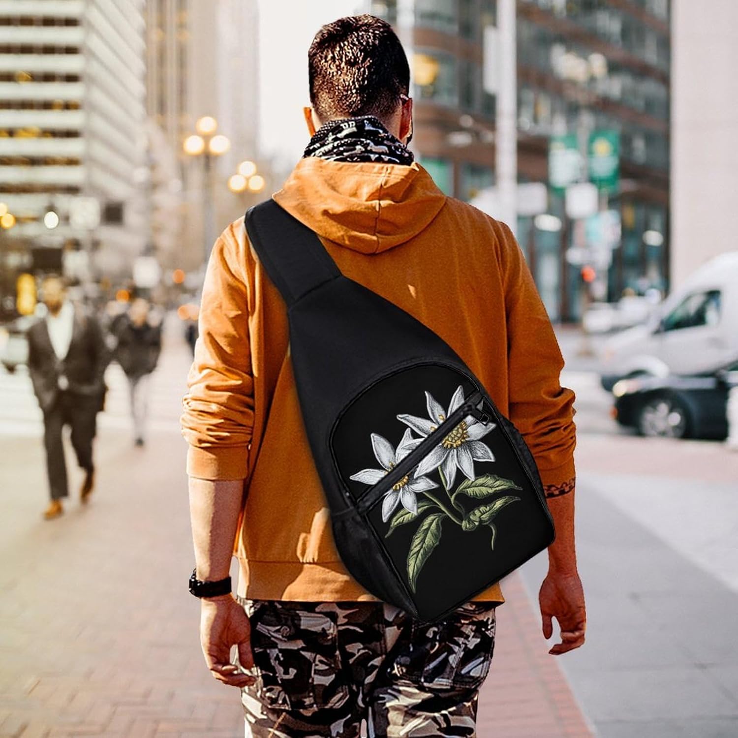 Edelweiss Flower with Leaves Crossbody Sling Backpack Chest Bag Daypack | unisex,trendy,with convertible and detachable shoulder strap,side pockets