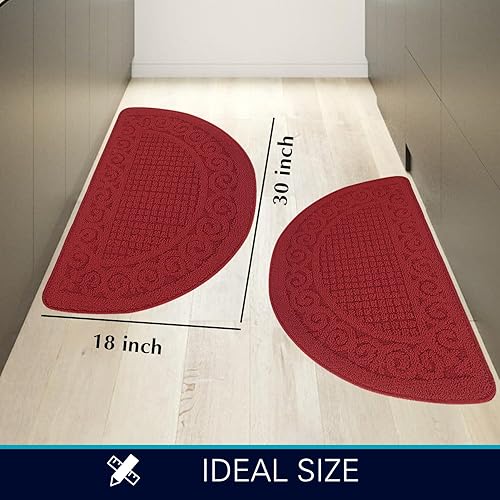 Miniatura 8 de Tapetes de cocina rojos para suelo 2 piezas de 18 x 30 pulgadas antideslizantes lavables alfombra de pie absorbente alfombra de medio círculo para