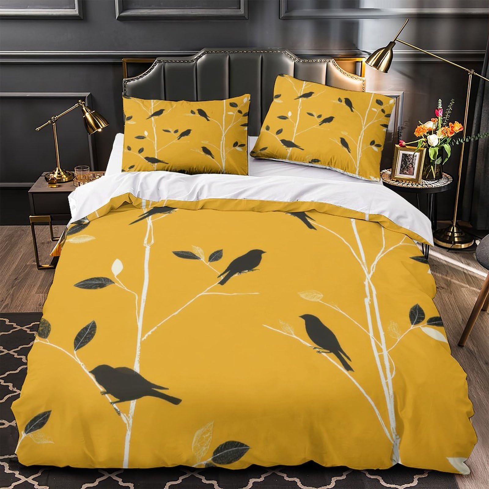 Housse de couette oiseaux 140x200cm avec taie parure lit microfibre single