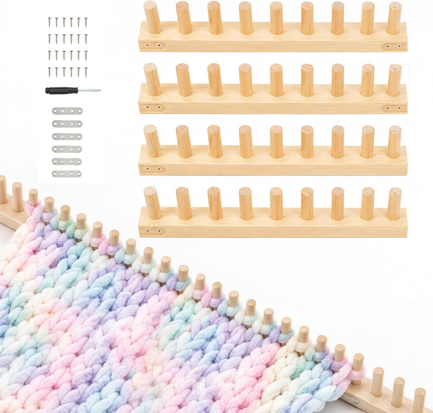 64 Inch Adjustable Chunky Blanket Knitting Loom, Wooden Loom for DIY Throw Blankets Chunky Knit Blanket Kit, 4-Section Modular, No Needles Required, Reusable Crafting Tool for Beginner