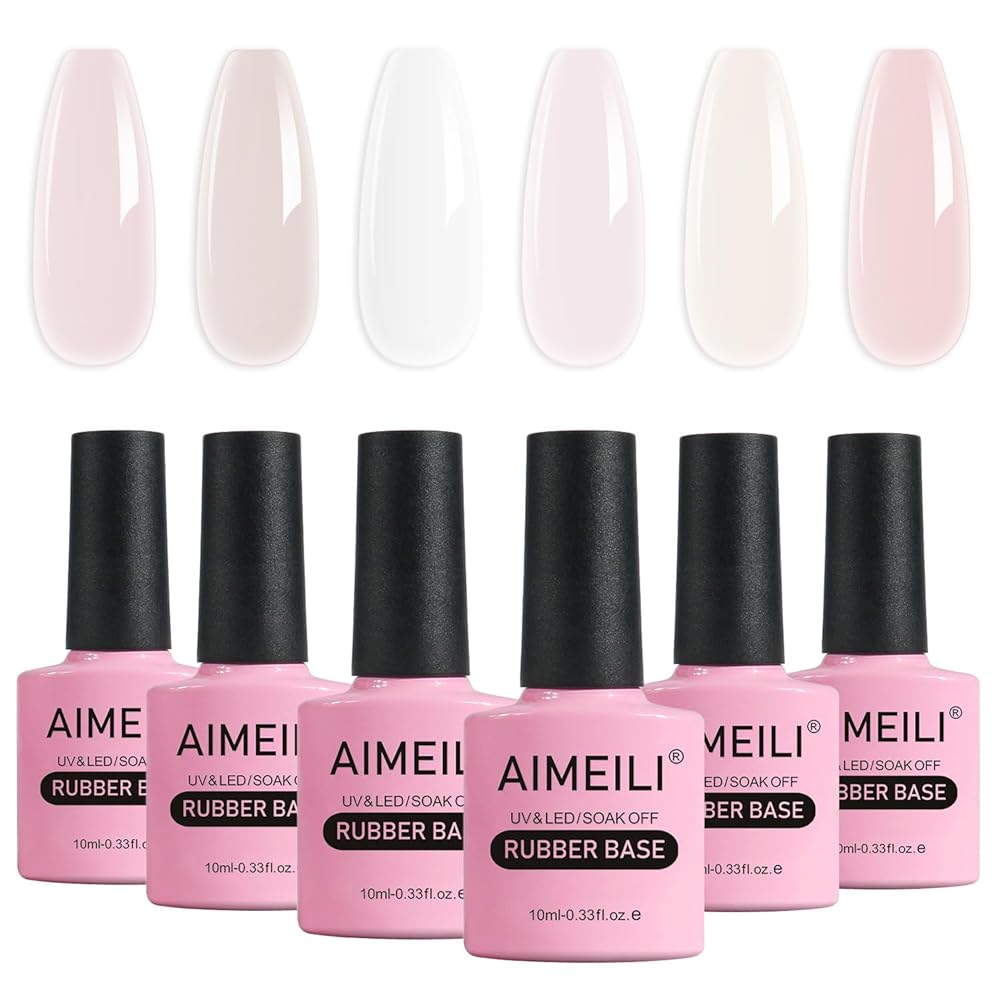 AIMEILI Hema Free Rubber Base Gel For Nails, Soak Off U V LED Clear Sheer Gel Nail Polish, 4 in 1 Nail Strengthen/Enhance/Base Coat/Color Set Of 6pcs X 10ml - Kit 44
