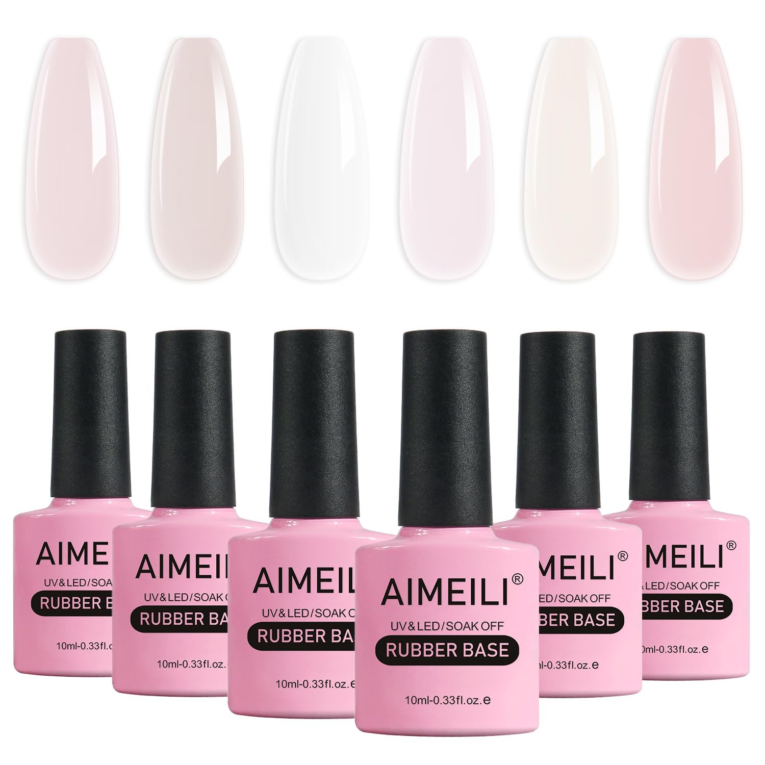 AIMEILI Hema Free Rubber Base Gel For Nails, Soak Off U V LED Clear Sheer Gel Nail Polish, 4 in 1 Nail Strengthen/Enhance/Base Coat/Color Gel Polish Set Of 6pcs X 10ml - Kit 44