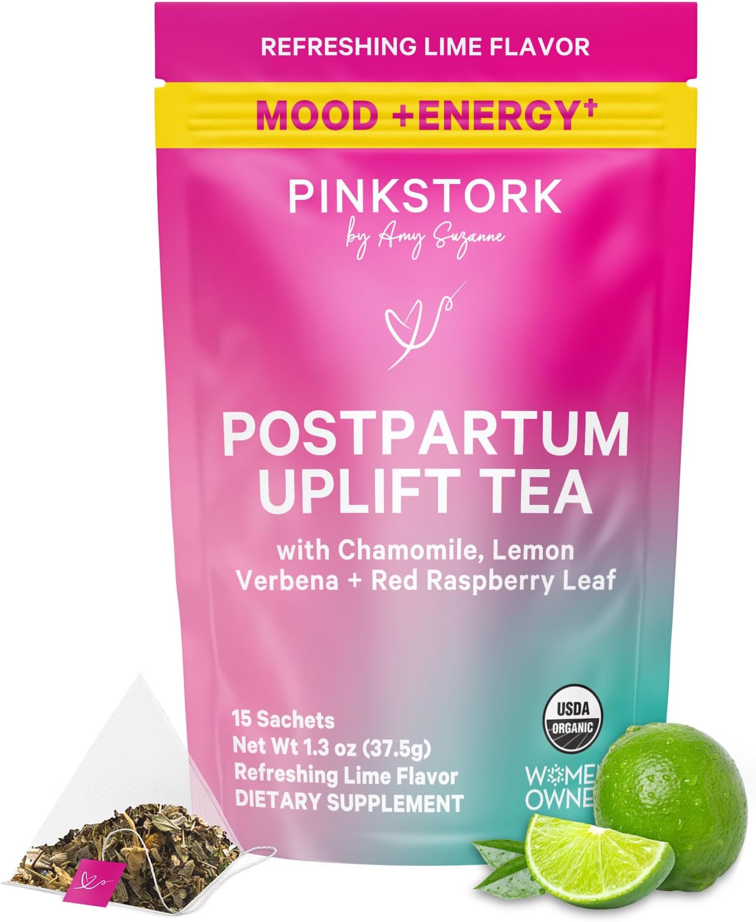 Pink Stork Postpartum Uplift® Mood Support Tea: Hormone Balance for Women After Pregnancy, Chamomile Tea with Red Raspberry Leaf for Postpartum Recovery - Postpartum Essentials - Caffeine-Free, 15 Sachets