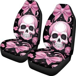 Pink Halloween Skull Print Car Seat Covers Set of 2 Auto Accessories Protectors Car Decor Universal Fit for Car Truck SUV