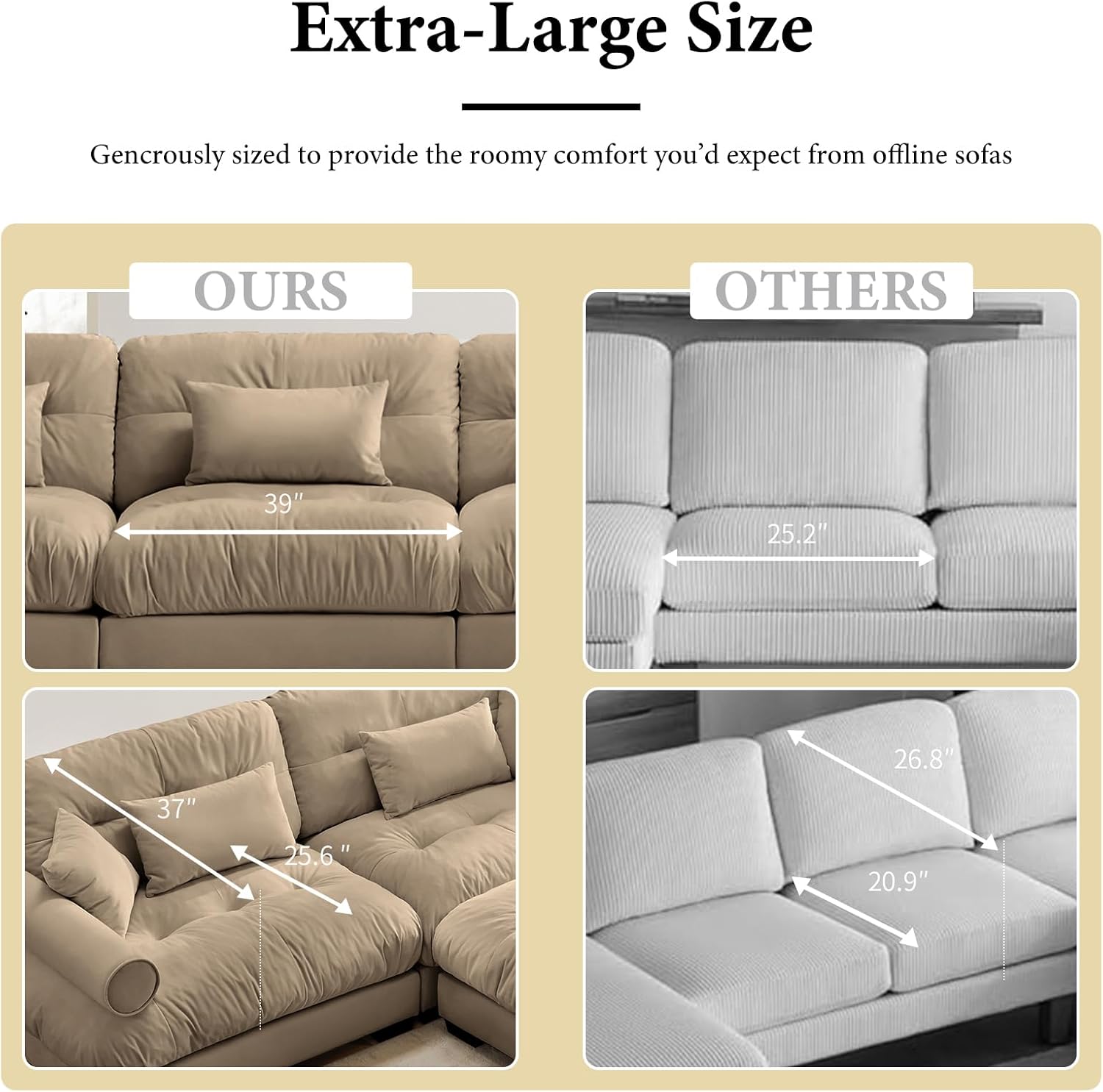 93.7” Loveseat Sofa, 2 Seater Modular Sectional Sofa, Camel Large Sectional Couches for Living Room, Fluffy Couch Set, Love Seat, Velvet Cloud Couch with 4 Pillows, Deep Seat Sofas for Living Room