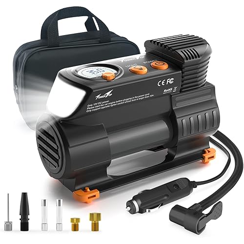 TowerTop Air Compressor,12V DC Portable Tire Inflator Pump,Auto Shut Off Feature, Digital LCD Display, Emergency LED Flashlight, for Car Truck Motorcycle Bicycle Tires (black)
