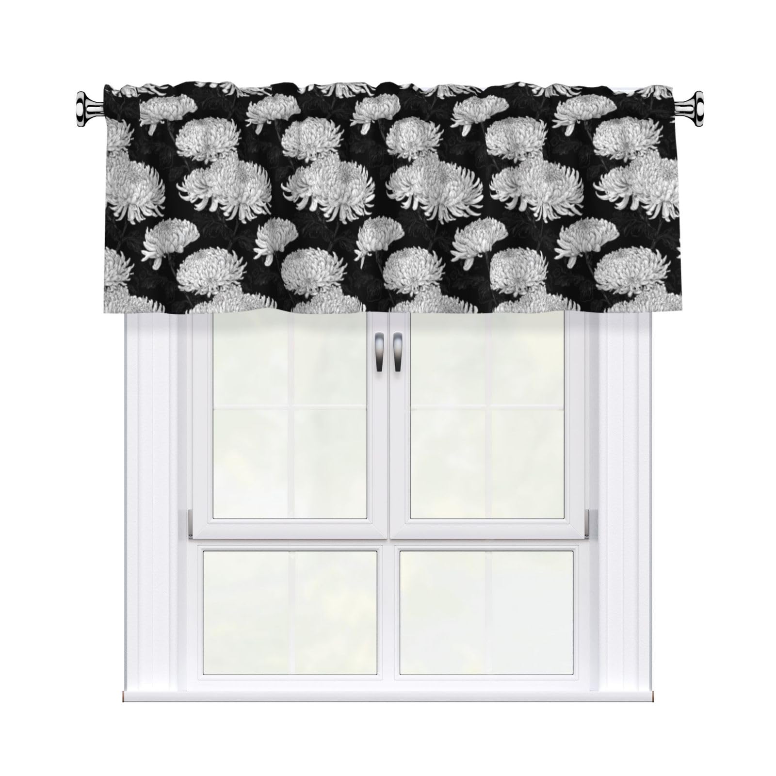 Woshuwo Chrysanthemum Doodle Black And White Valances For Windows Rod Pocket Window Treatment Short Curtains For Kitchen Living Room Bedroom Decor 54x18in
