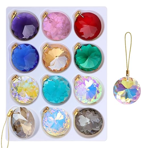 LUMITI 12 Pcs Crystal Glass Christmas Balls Ornaments, 1.18″ Mini Round Prism Flower Xmas Tree Decorations, Hanging Ornament for Wedding Party Home Decor (Multicolor)