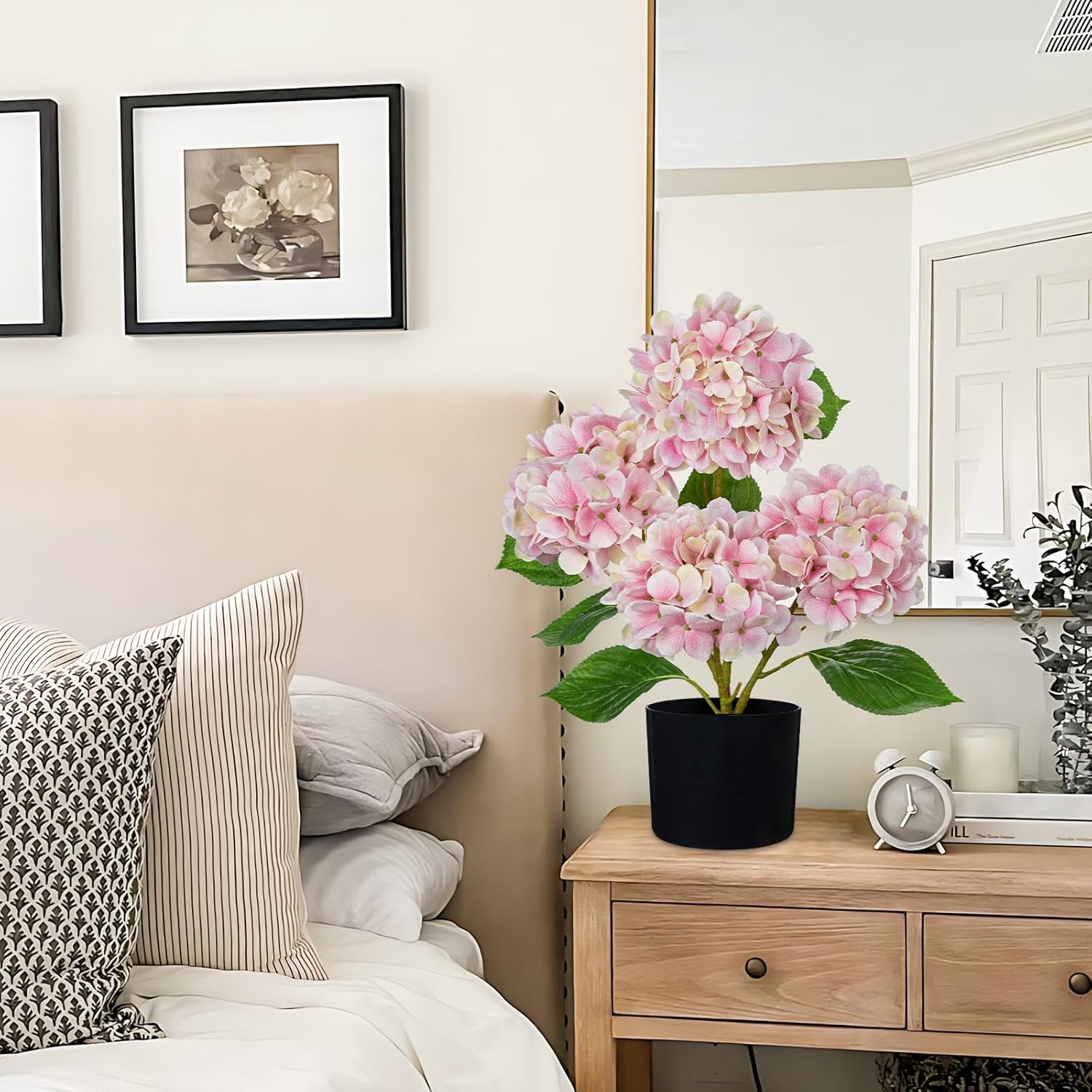 Hollyone Pink Hydrangea Artificial Flowers in Pots 19.7" Four-Head Faux Silk Hydranges Flower Arrangements for Indoor Home Office Kitchen Table Centerpieces Wedding Decorations