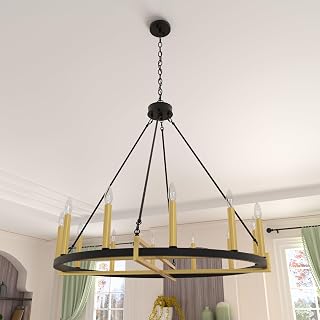 ACROMA 12-Light 41In Farmhouse Black Geometric Wheel Chandelier Muted Brass & Matte Black Matte,Satin Adjustable,Over 60 Inches Brass,Gold,Painted