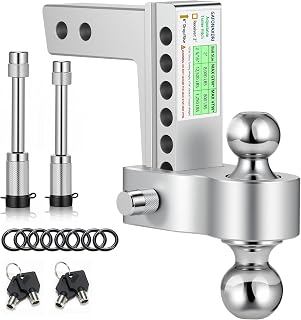 Aircraft Aluminum Adjustable Trailer Hitch for 2 Inch Receiver, Tow Dual Ball 2'' & 2-5/16'' Towing Weight 12,500 LBS, 6'' Drop/Rise, Lightweight/Anti Rust Anti Rattle, Bulletproof Lock Pin