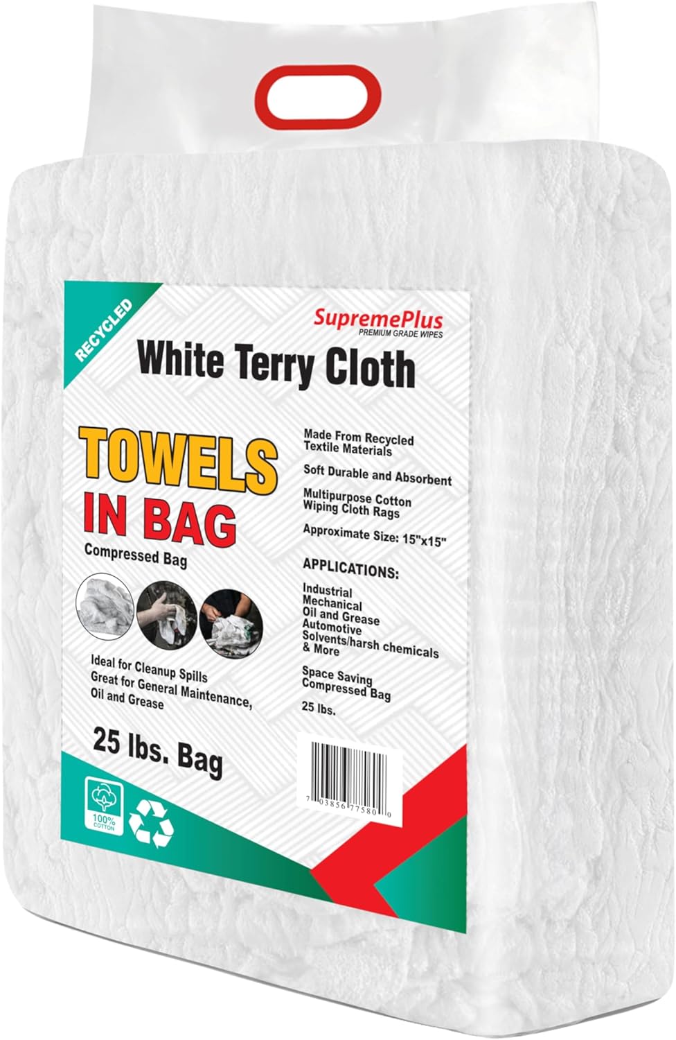 Recycled White Terry Cloth Rags (25 lbs. Bag) - High Absorbent Terry Towel Cleaning Rags for Cleaning House, Industrial & Workshops, Bulk Shop Rag