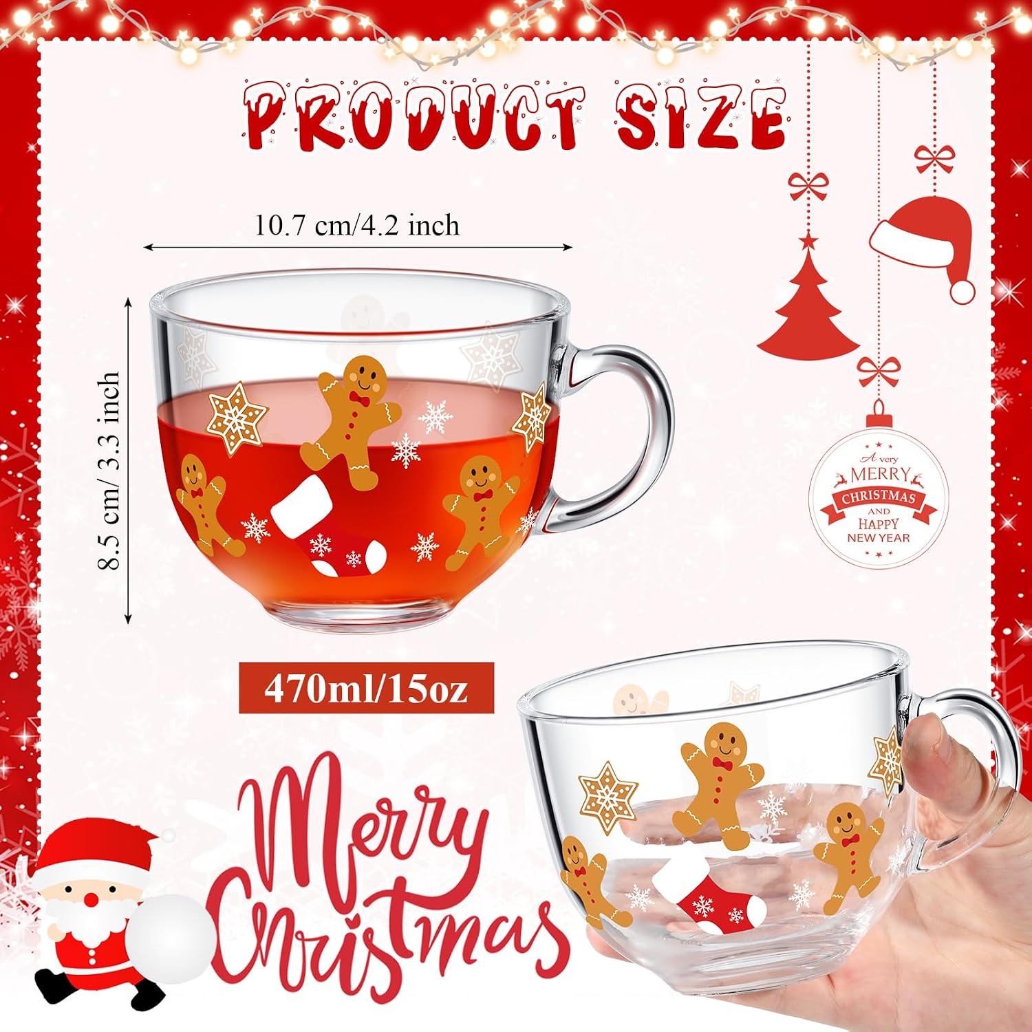 Sliner 6 Pcs Christmas Glass Coffee Mugs with Handle, 16 oz Clear Irish Coffee Mugs Footed Irish Glasses Christmas Winter Holiday Cups for Beverages Latte Hot Chocolate(Gingerbread)