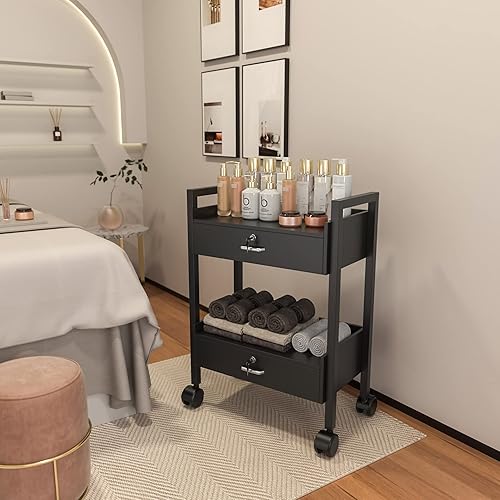 Miniatura 4 de Carrito de gabinete de belleza para salón, carrito rodante de almacenamiento de 2 niveles, organizador de cajones con ruedas, herramientas con