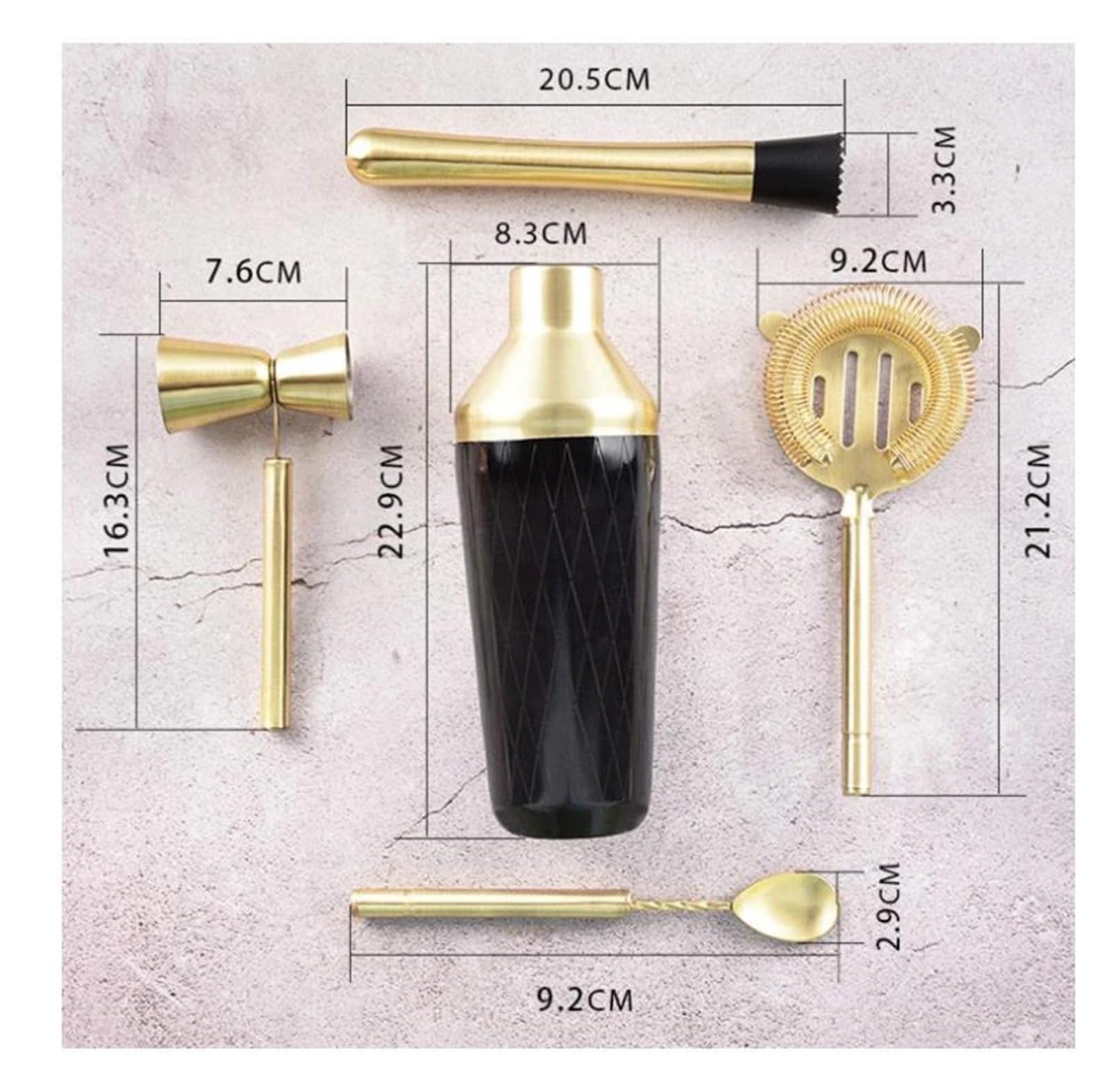 Compatible con Juego de coctelera Accesorios, Kit Martini medidor y Cuchara mezcladora, colador mortero(Gold Plated)