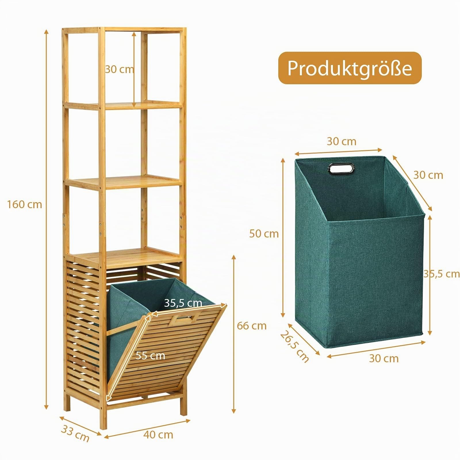 COSTWAY 2 in 1 Badezimmerregal & Wäschekorb, Hochschrank für Badezimmer aus Bambus mit 3 Ablagen, Wäscheschrank mit abnehmbarem Wäschesack & Griff, Badregal für Bad Schlafzimmer Waschküche, Natur