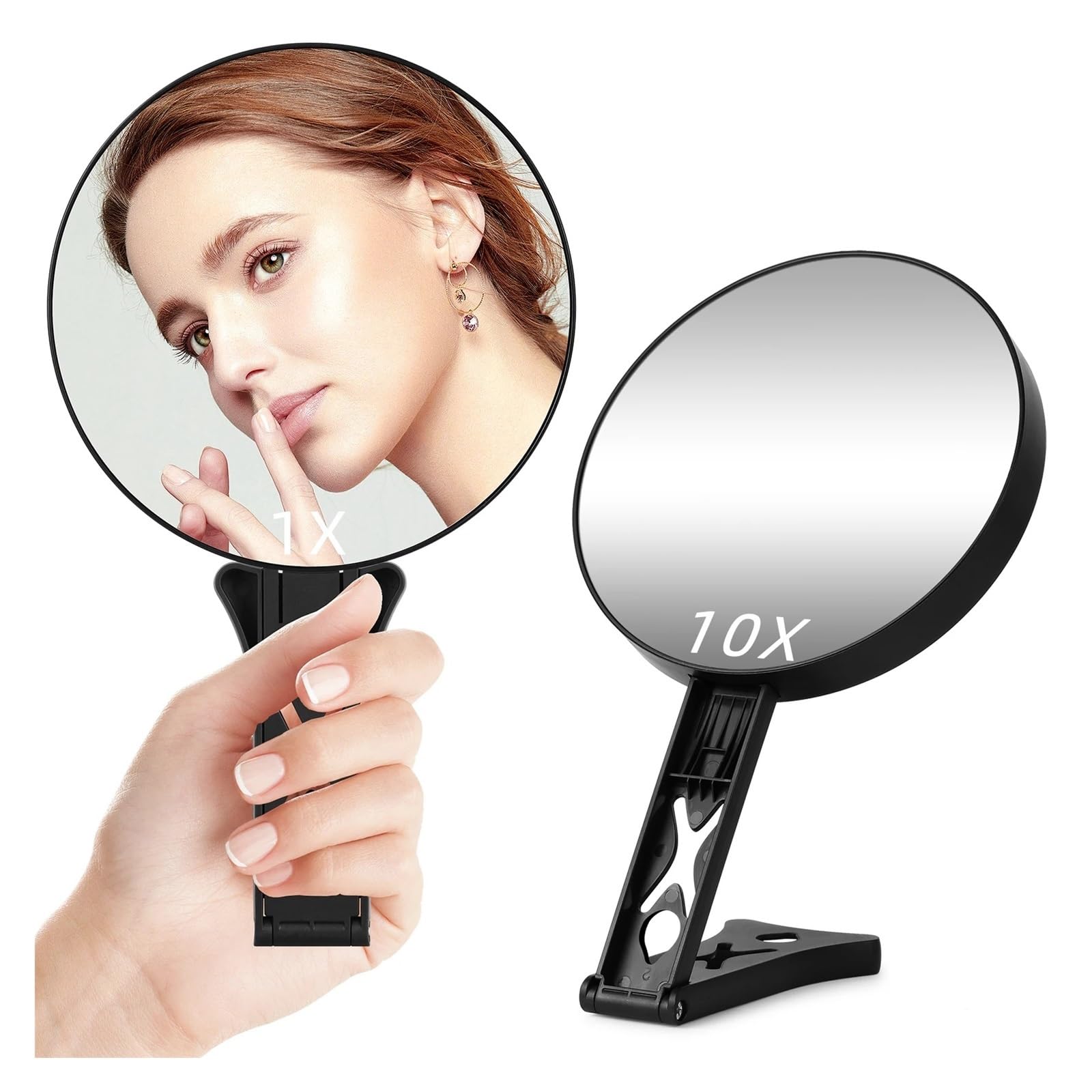Tragbarer Schminkspiegel 10-facher Vergrößerungsspiegel for Reisen mit Griff, doppelseitiger 1-fach/10-facher Vergrößerungshand for Make-up, for den Schreibtisch(Black-10X)