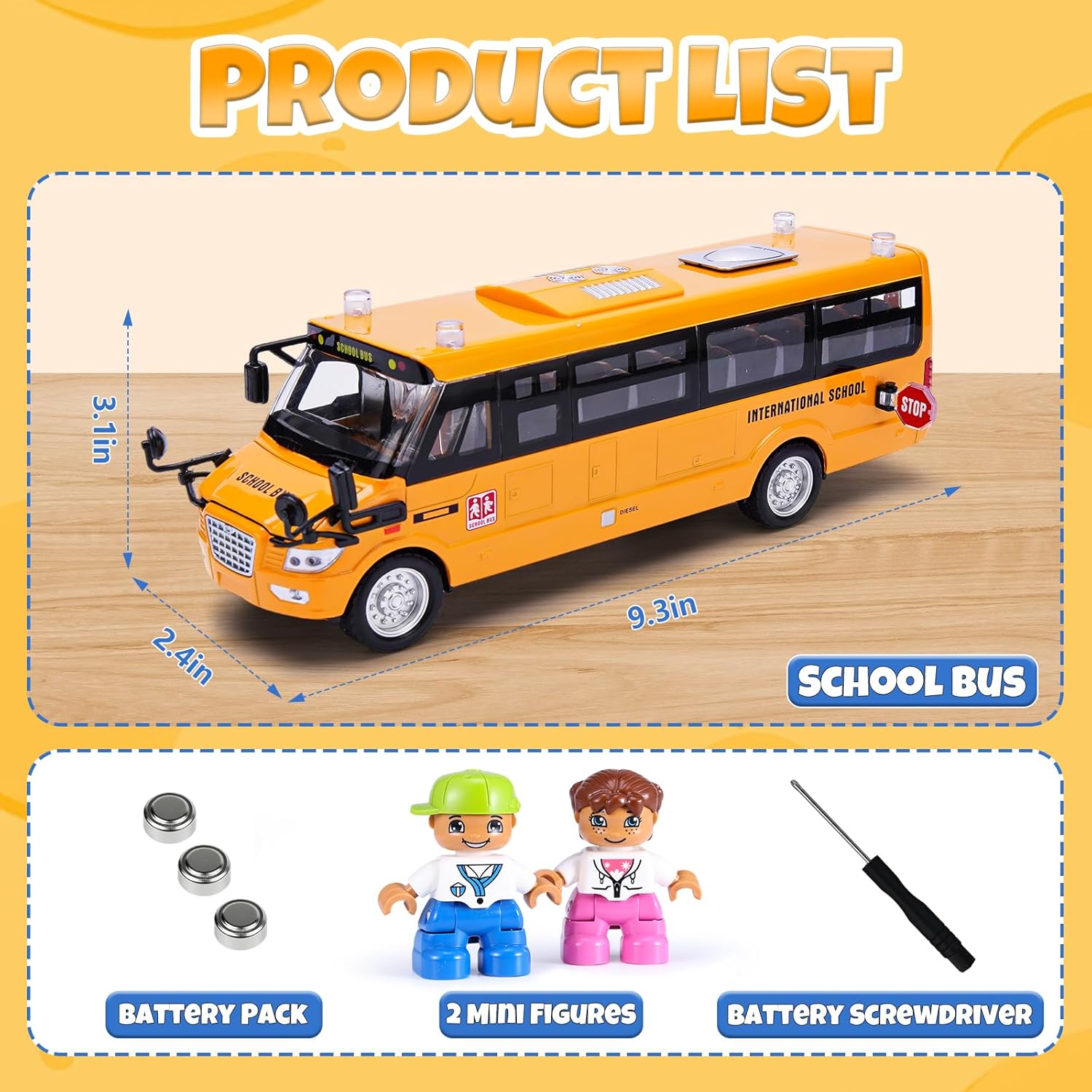 Crelloci School Bus Toy, Die Cast Model Car with Flashing Lights & Sounds, Friction Powered, Back & Side Doors Open, Large Yellow Metal Toy Vehicles, Play Bus Easter Gift for Kids Toddlers Ages 3+