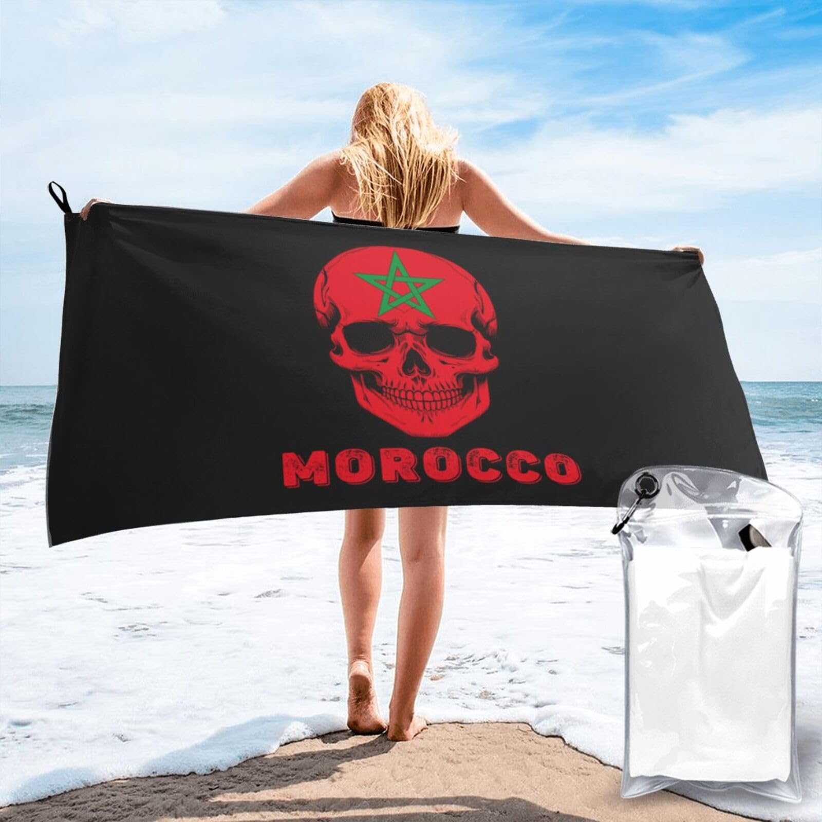 HACXZ Skull Morocco Flag Lightweight Absorbent Beach Towel Microfiber Beach Towel 31.5"X63"