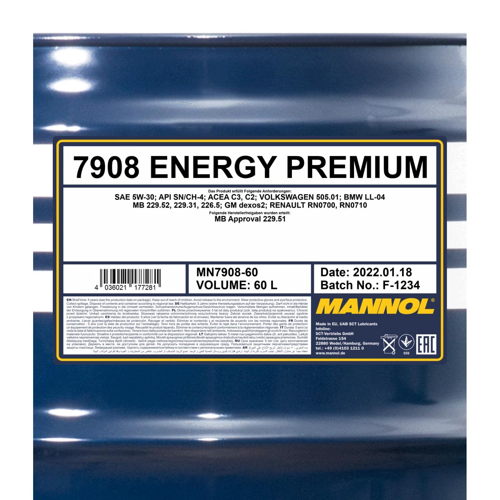 MANNOL Aceite de motor 5W-30 ENERGY PREMIUM Aceite sintetico ACEA C3 ACEA C2 API CH-4 API SN 60L Compatible con VW Polo V Hatchback 6R1, 6C1 up! Hatchback 121, 122, BL1, BL2, BL3, 123, TOYOTA, OPEL