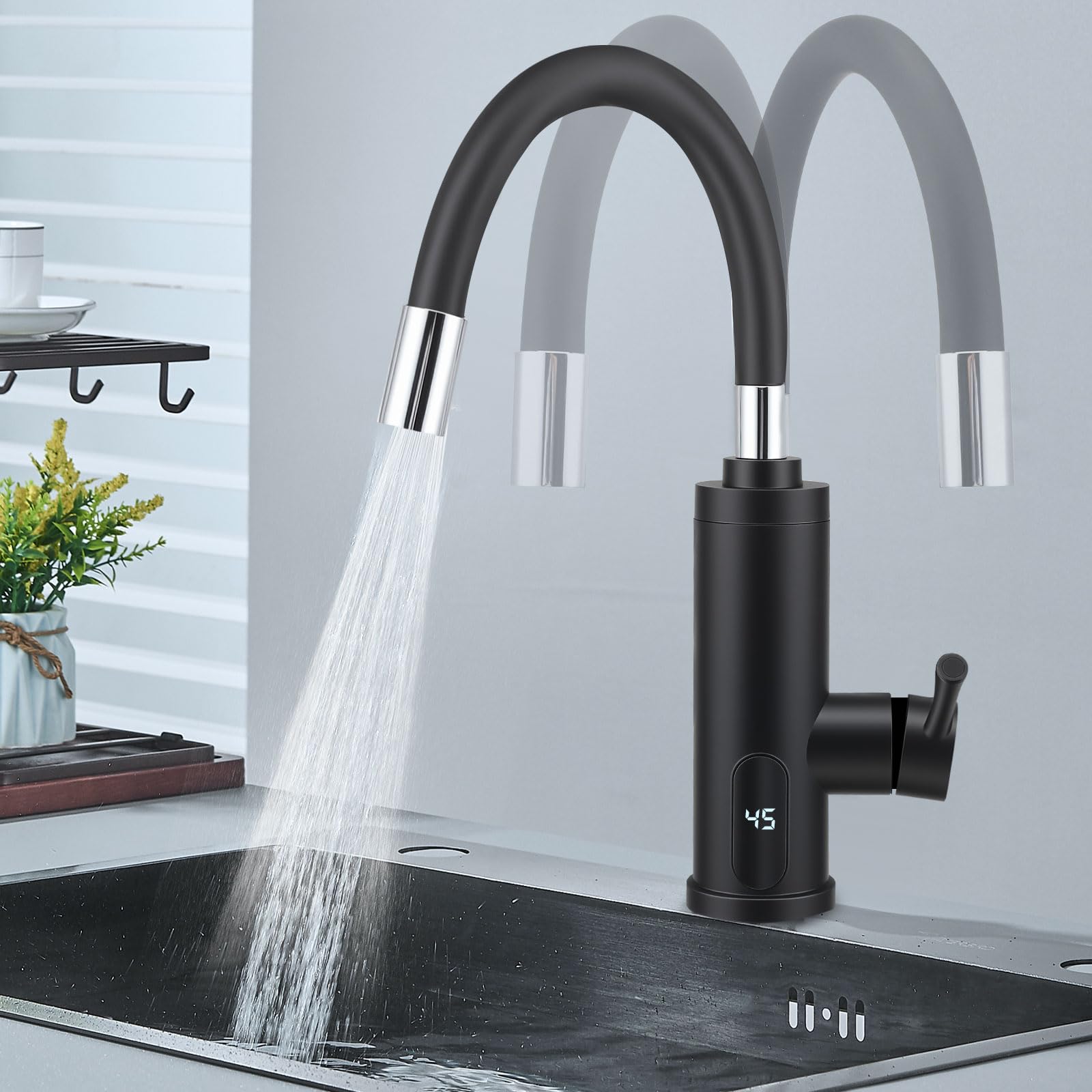 Chauffe-Eau Instantané electrique rotatif à 360°, 230V 3000W electrique Robinet de cuisine avec affichage de la température LCD, Robinet de tuyau en silicone pour Cuisine Jardin Salle de Bain Caravane