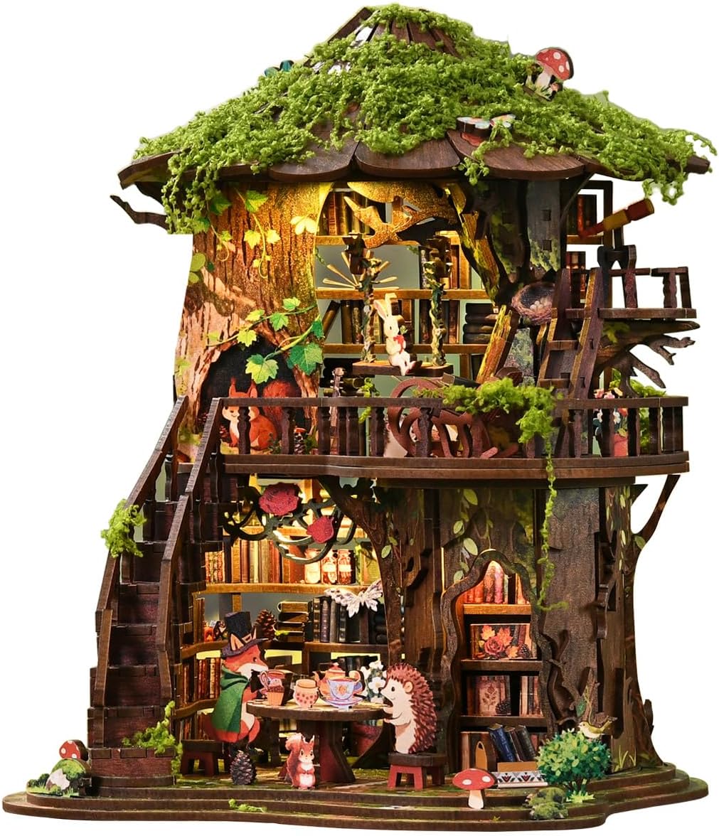 DIY Book Nook Kit, 3D Wooden Puzzle with LED, Forest Tea Bookhouse | 410-piece miniature house kit, approx. 8-hour open-style build for adults and teens 14+, book lovers and craft enthusiasts