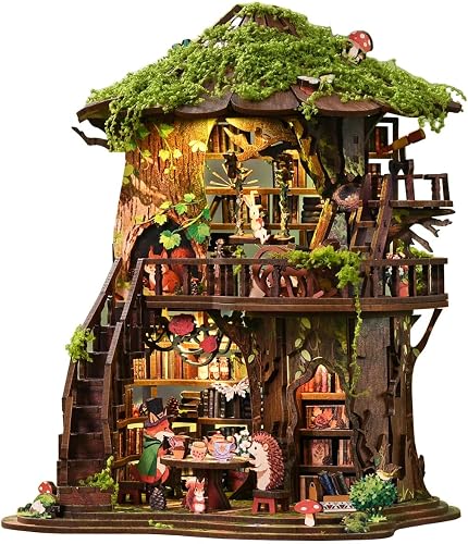 Book Nook Kit - DIY Miniature House Kit & Dollhouse Craft for Adults and Teens, 3D Wooden Puzzle with LED Light, Tiny Bookshelf Decor, Gifts for Family and Friends (Forest Tea Bookhouse)