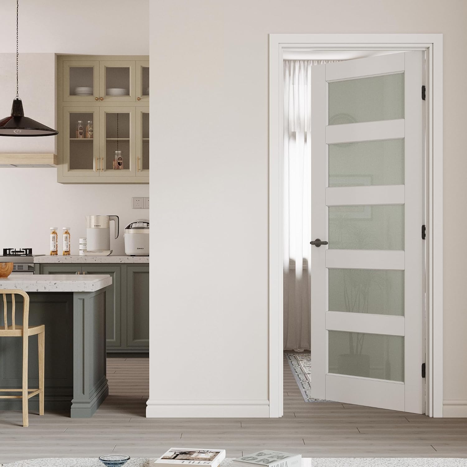 32" x 80" Prehung Door 5-Lite Tempered Frosted Glass Slab Doors with Jamb Kit, Solid Core MDF Interior Door for Bathroom Pantry Laundry, Easy Assemble - Right Handed 32'' x 80'' Slab for 34" x 82" Rough Opening Right Hand with Black Hinges