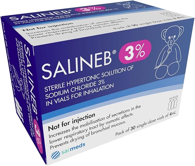 Value Pack SALINEB 3% Hypertonic Saline Inhalation Solution. Also can be Used as a Diluent in Inhalators for Adults and Children. Box Contains 30 Single dose vials of 4ml.