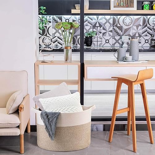 Miniatura 4 de MINTWOOD Design Cesta decorativa de cuerda de algodón tejida extragrande de 22 x 14 pulgadas, para sala de estar con asas y cesta de lavandería