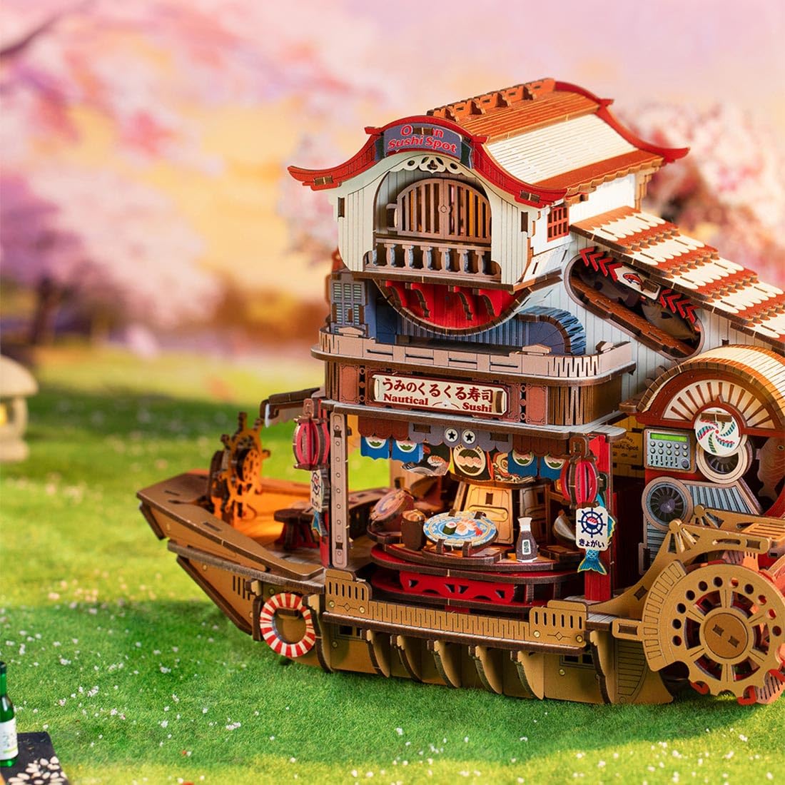 Kit fai da te, modello di barca per sushi, puzzle 3D in legno giapponese con luci e rotazione, display creativo per sushi per scrivania (425 pezzi)