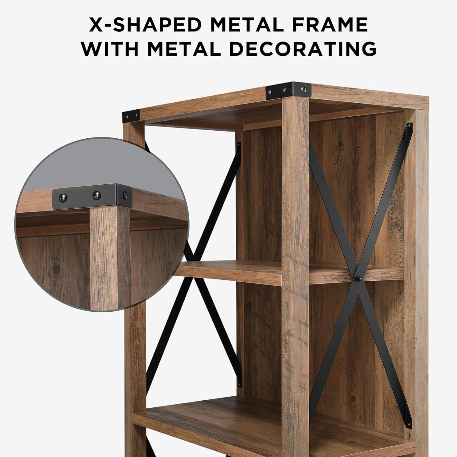 Close-up of the X-shaped metal frame and corner bracket on the bookshelf