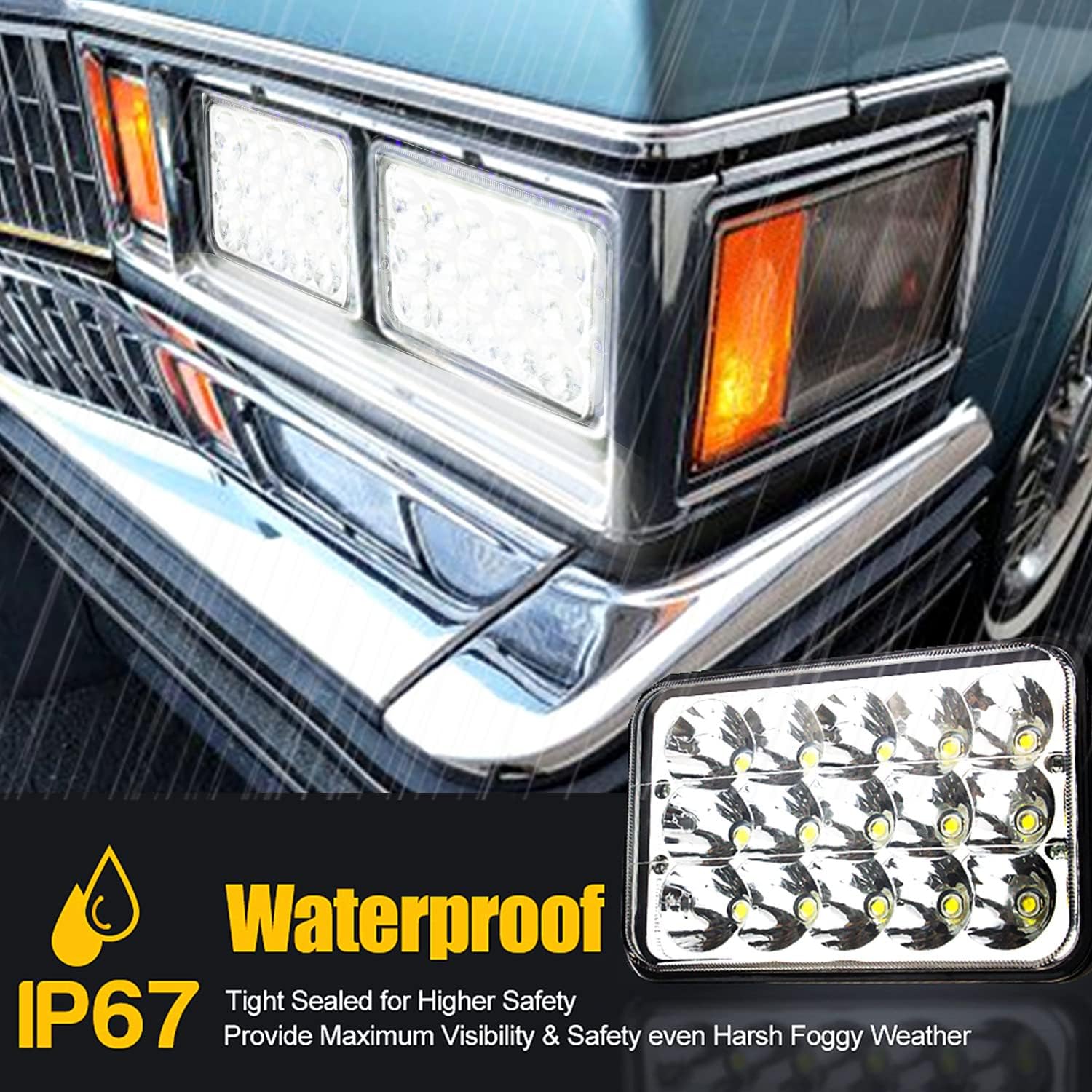 High/Low Sealed Beam Headlights 4x6, 4X Rectangular LED Headlights Assemblies 6x4 H4 Plug H4651 H4652 H4656 H4666 H6545 bulb Headlamps for KW Kenworth T600 W900 T800 Truck Peterbilt 379 Chevy C10