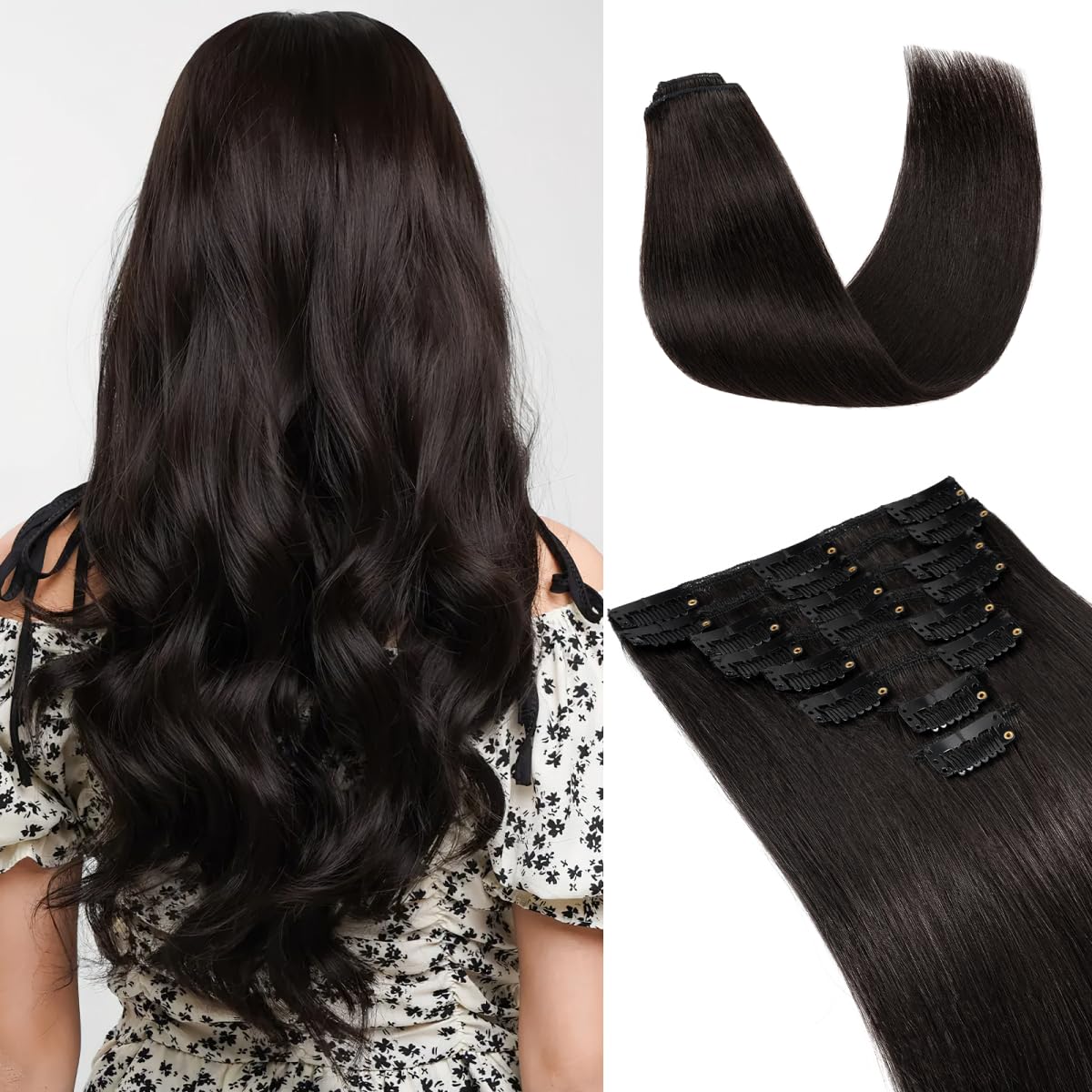 UK-Fashion-Shop Human Hair Extensions Clips in Real Hair Extension 8pcs 18 clips Long Straight Natural 22inch(75g)#1B Natural Black