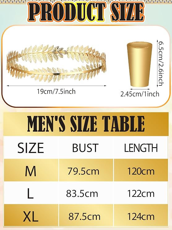 Panitay 4 Pcs Men Greek Costume Set Adult Classic Toga Cosplay Roman Costume with Belt Gold Crown and Wristband