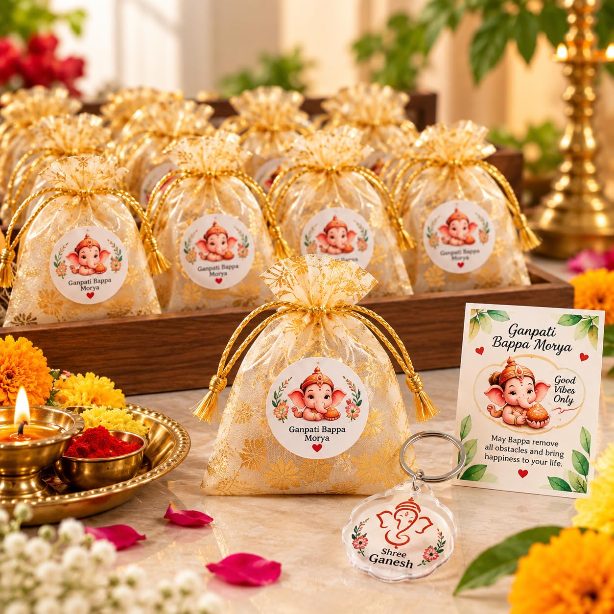 Mei & More Ganpati Return Gifts for Guests Pack of 10 | Acrylic Ganesh Keychain with Decorative Potli & Thank You Card | Ganpati Bappa Morya Return Gift Set | Ganesh Chaturthi Puja Gift
