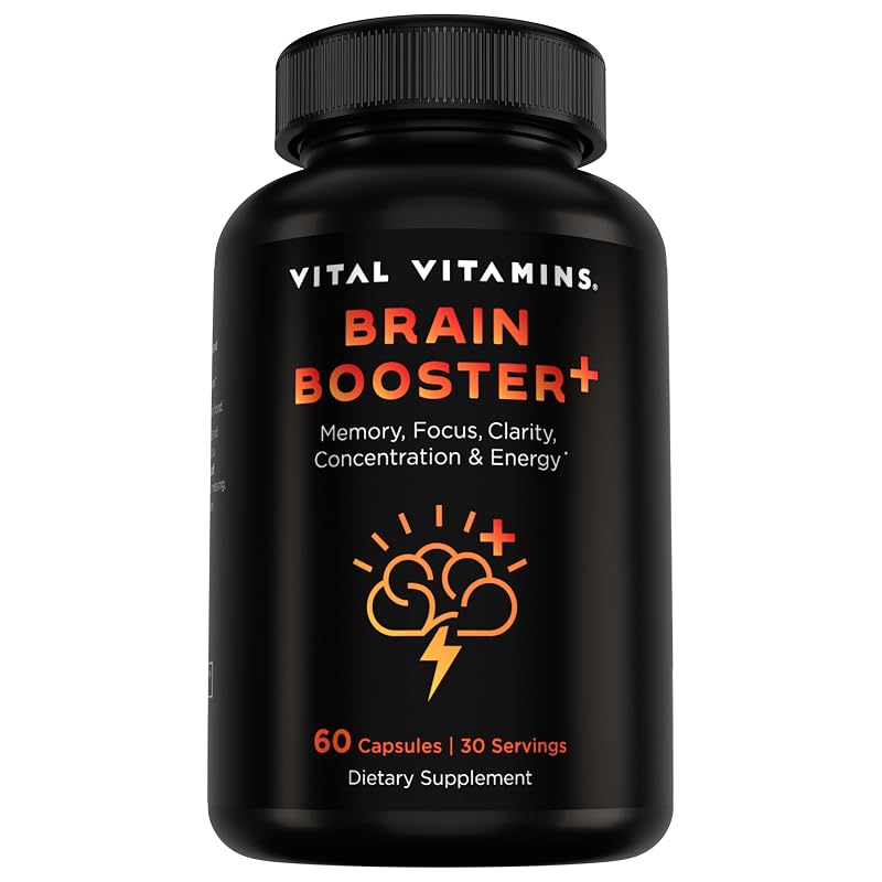 Vital Vitamins Brain Booster Plus — Suplemento com Ginkgo biloba, cogumelo juba-de-leão e vitamina B6, 60 cápsulas