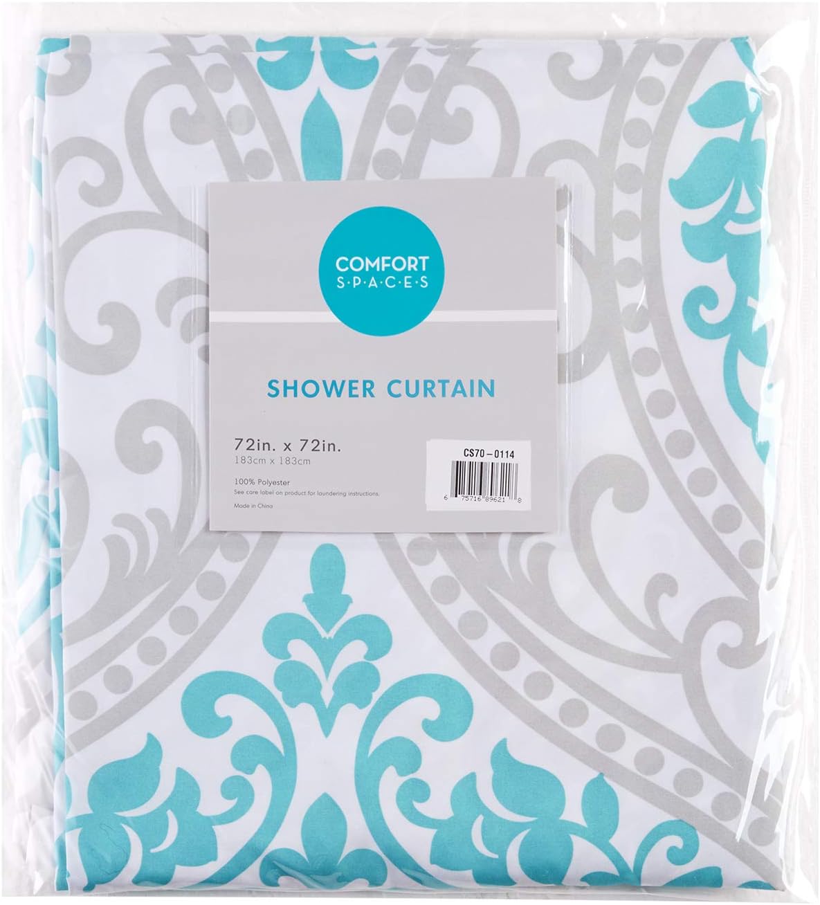 Comfort Spaces Coco Bathroom Shower Curtain Printed Damask Pattern Modern Cute Microfiber Fabric Bath Curtains, 72"x72", Teal / Grey