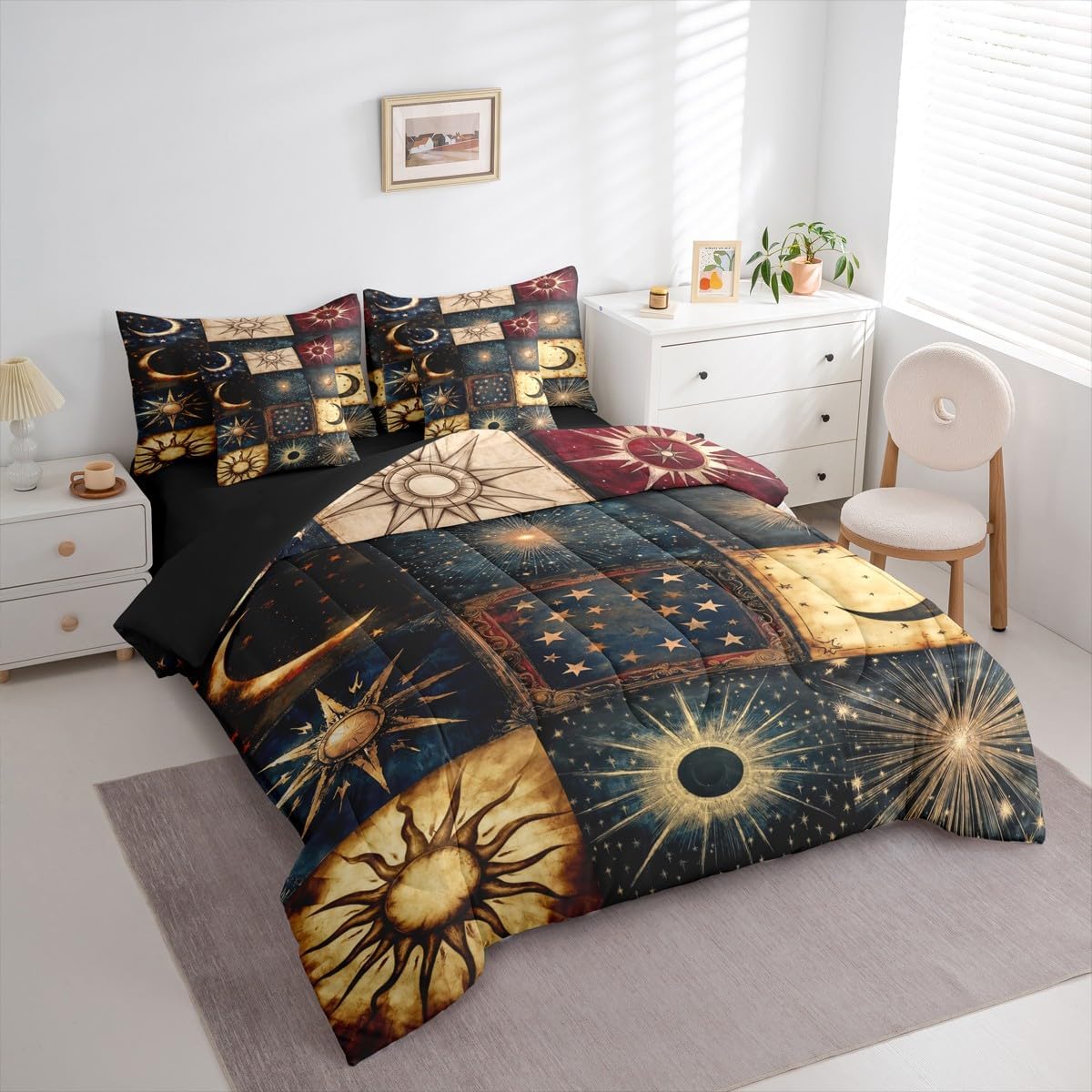 Manfei Sun Moon Bedding Twin Size 7 Pcs,Celestial Boho Style Bed Set for Kids Boys Galaxy Patchwork Comforter Set,Navy Gold Soft Bed in a Bag with Comforter,Sheets,Grunge Room Decor