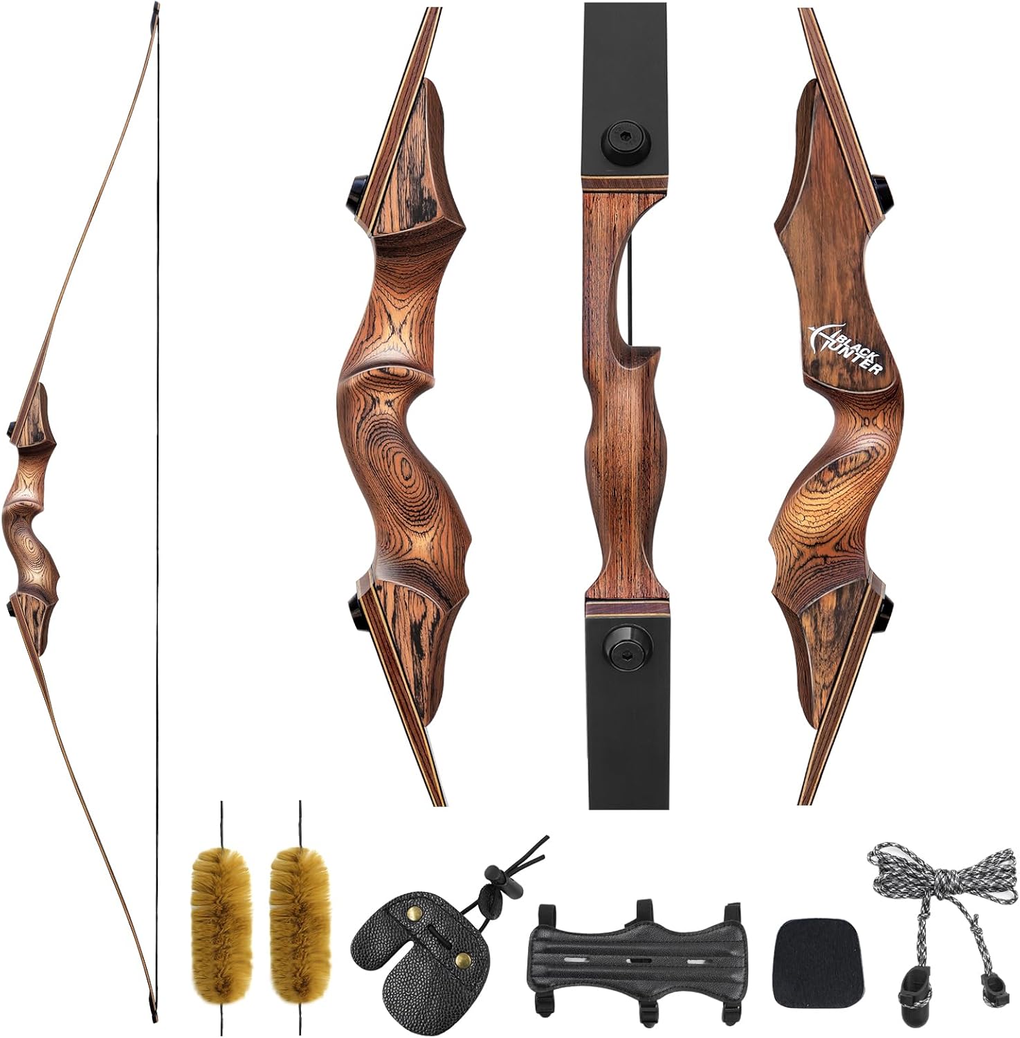 60'' Black Hunter Longbow Set for Adults 20-60lbs Takedown Wooden Longbow for Hunting Right Hand Bow Kit for Shooting Target