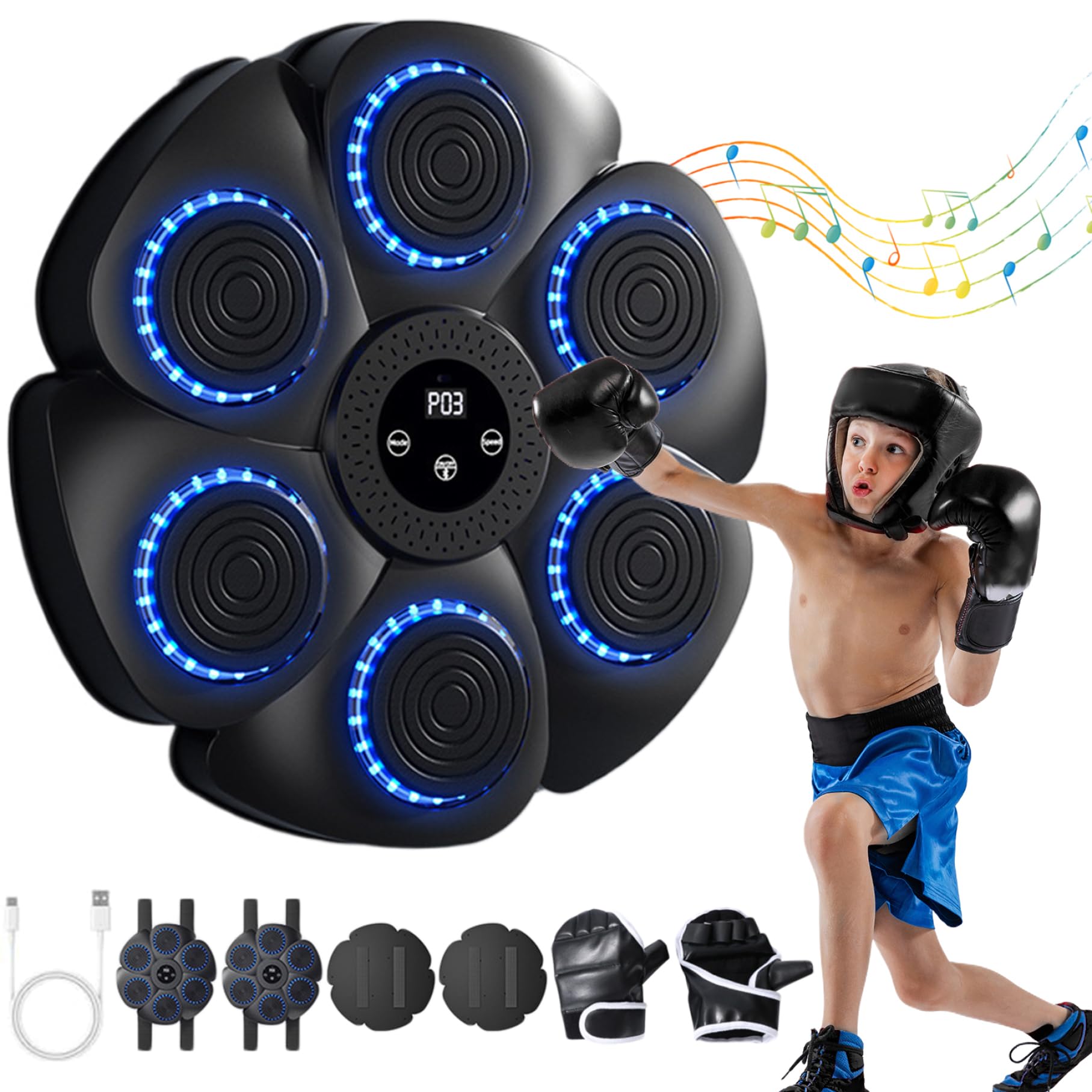 Smart Music Boxing Machine, macchina per punzonatura musicale con luce RGB, macchina da allenamento musicale a parete con guanti, 9 modalità ＆ Attrezzatura da boxe a 18 velocità per la palestra per b