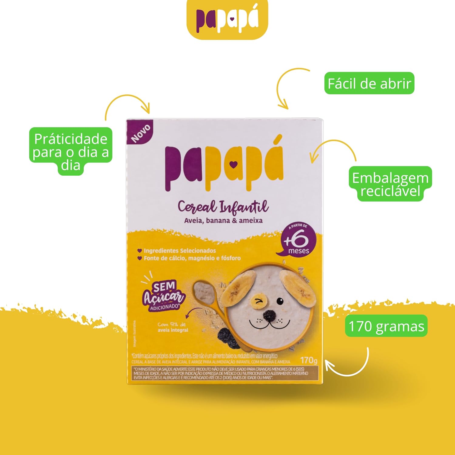 Papapá, Cereal infantil, Petit Cereal, Avêia Integral com Banana & Ameixa, Caixa, 170g, Amarelo