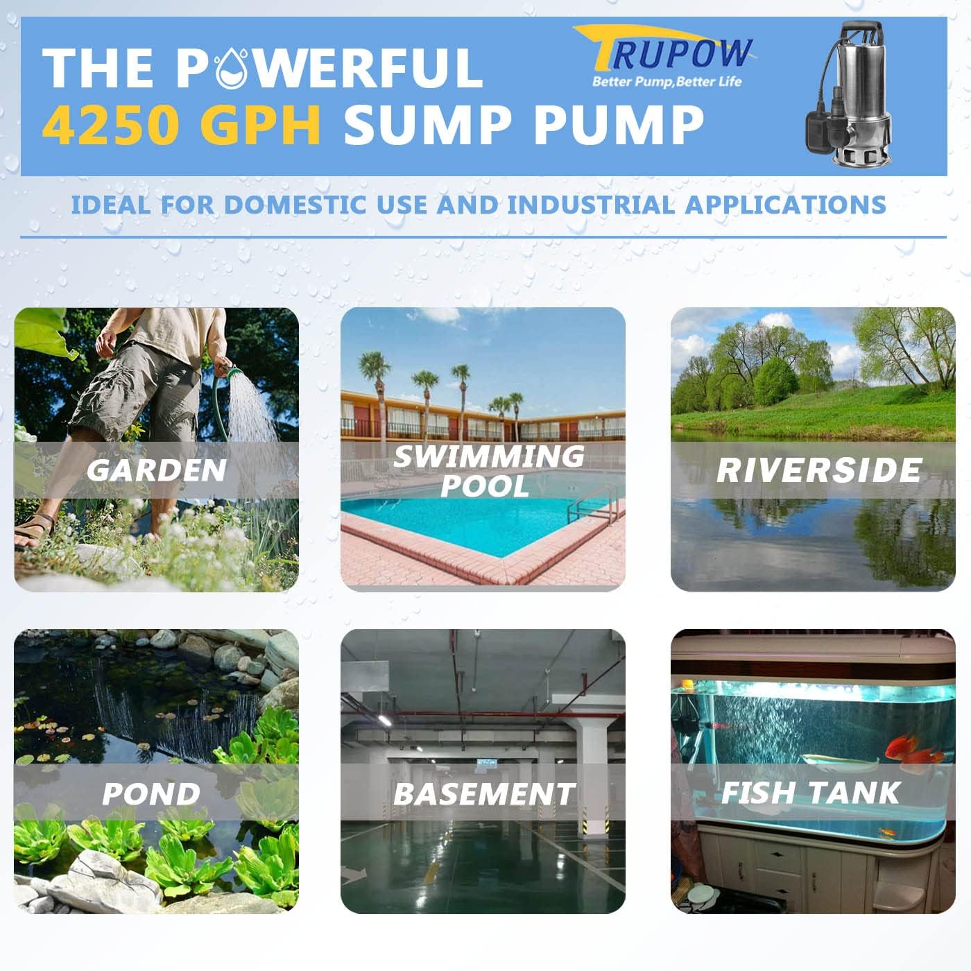 1.5HP 110v Submersible Sewage Drain Flood Stainless Steel Clean/Dirty Water Sump Transfer Pond Garden Pump