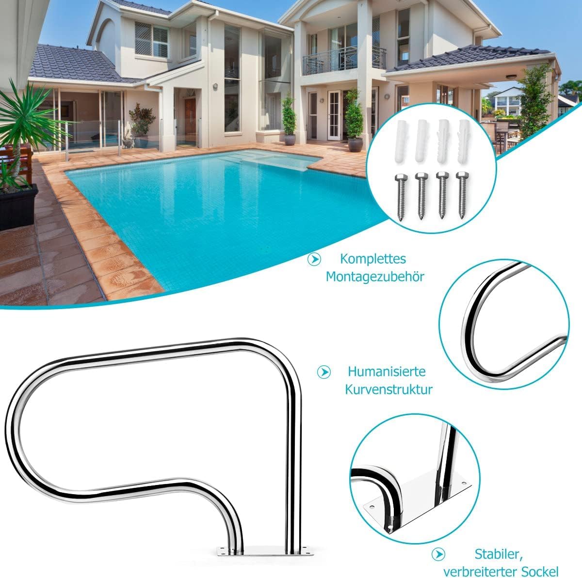 FANTASK Pasamanos para piscina, asistente de acceso 304 de acero inoxidable, asa para piscina