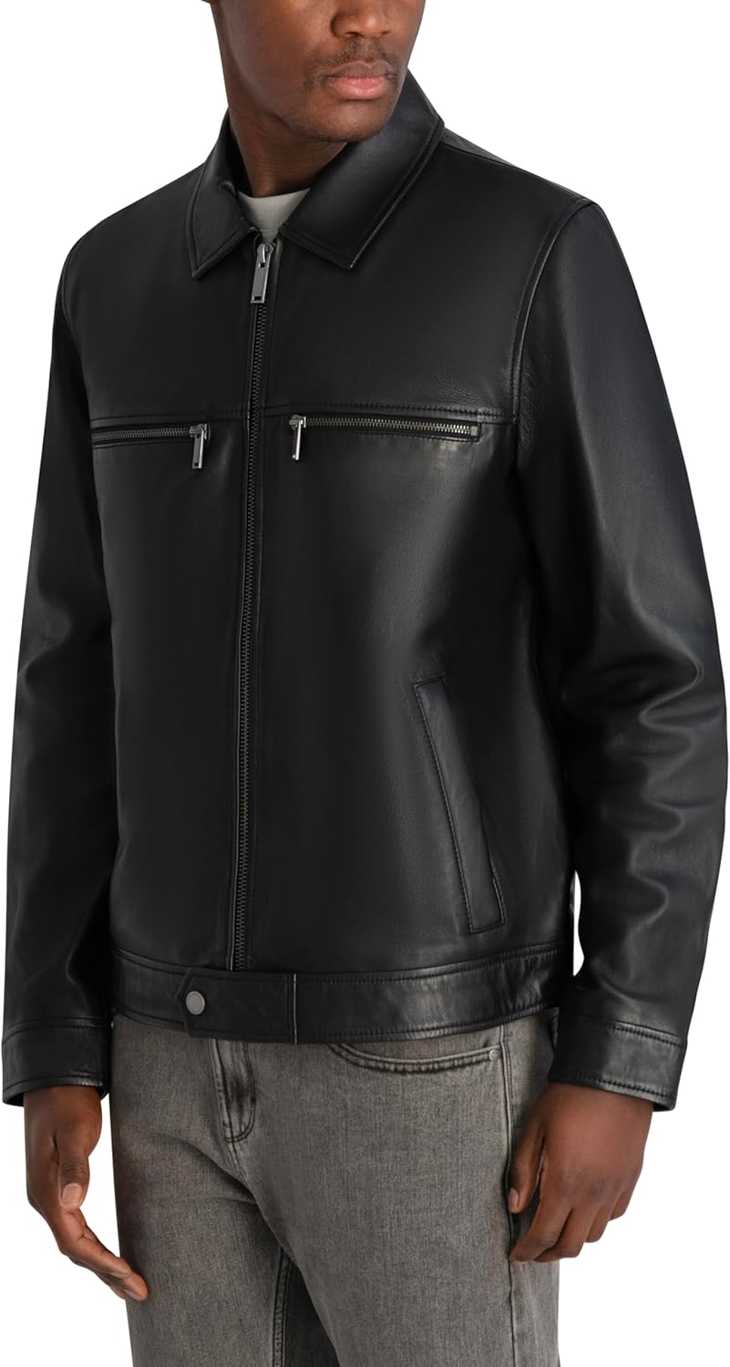 KARL LAGERFELD Men's Faux Leather Jacket With Stand Collar