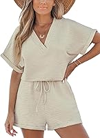 CUPSHE Women's V-Neck Short Sleeve Romper Drawstring Waist Straight Leg Jumpsuit Casual Dressy Outfit
