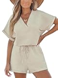 Women's Romper Knit V Neck Short Sleeves Drawstring Waist Straight leg Outfit Casual Dressy