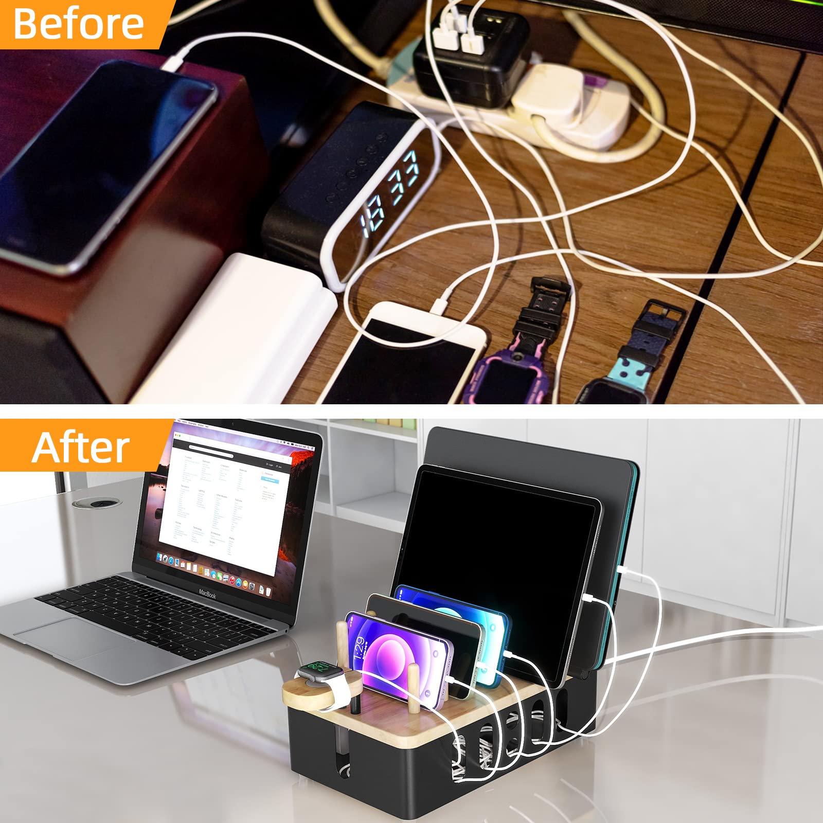 Station de charge pour plusieurs appareils, station de charge en bois pour téléphone, tablette, montre intelligente, organiseur de bureau, organiseur de station d'accueil en métal noir mat