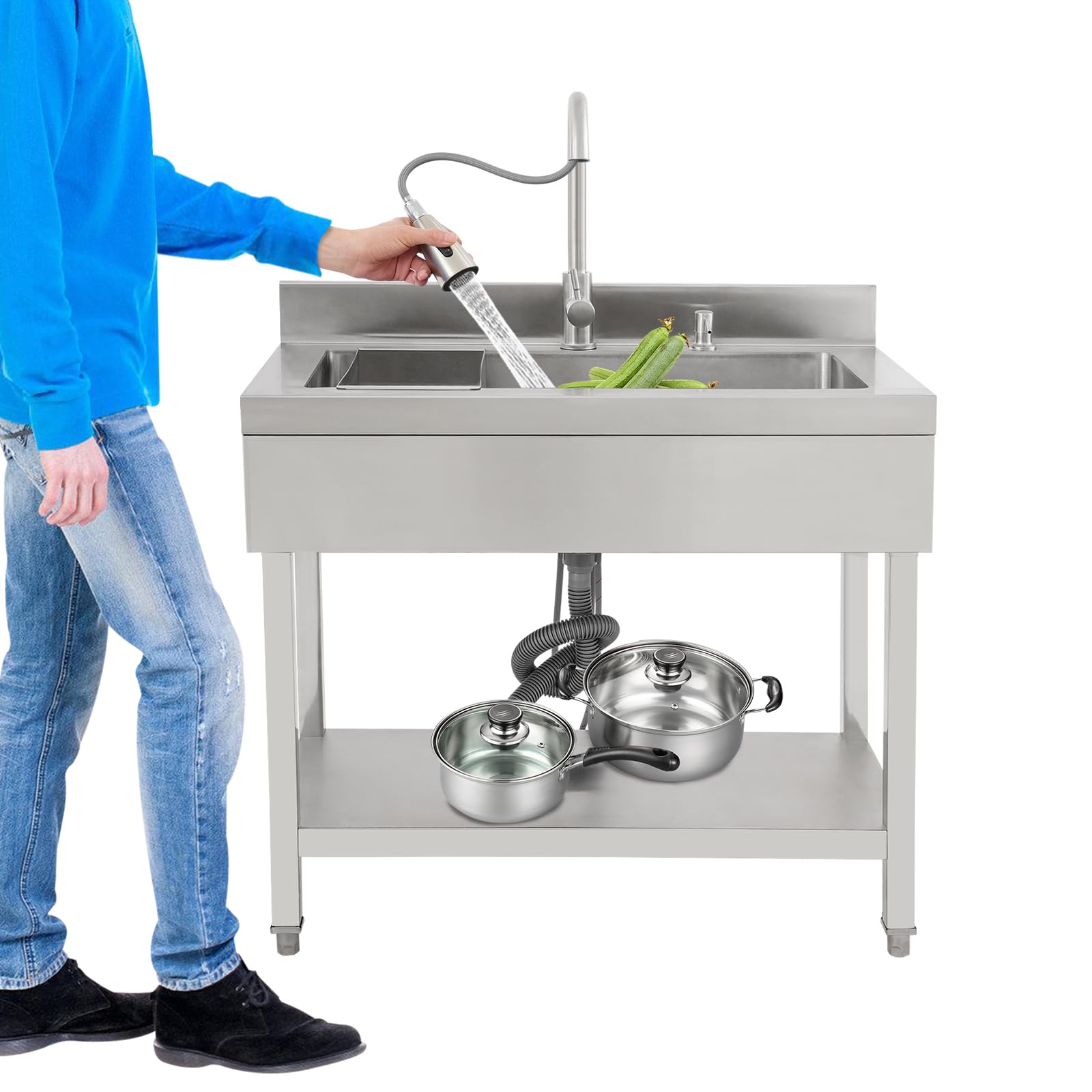 Fregadero de cocina de acero inoxidable independiente, 1 lavabo, fregadero de cocina comercial con grifo con mangueras de agua fría y caliente, fregadero para exteriores, para garaje, lavandería