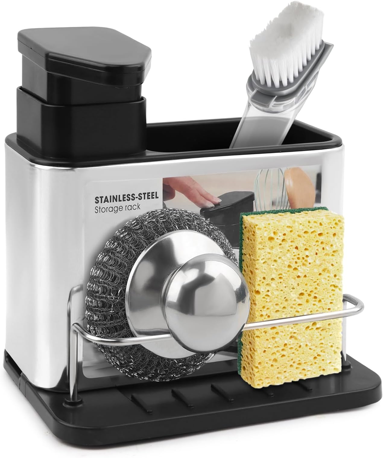 3-in-1 Dish Soap Dispenser, Sponge Holder for Kitchen Sink Caddy, Organizer Dish Soap Dispenser with Cleaning Brush and Tray Drainer Rack Countertop